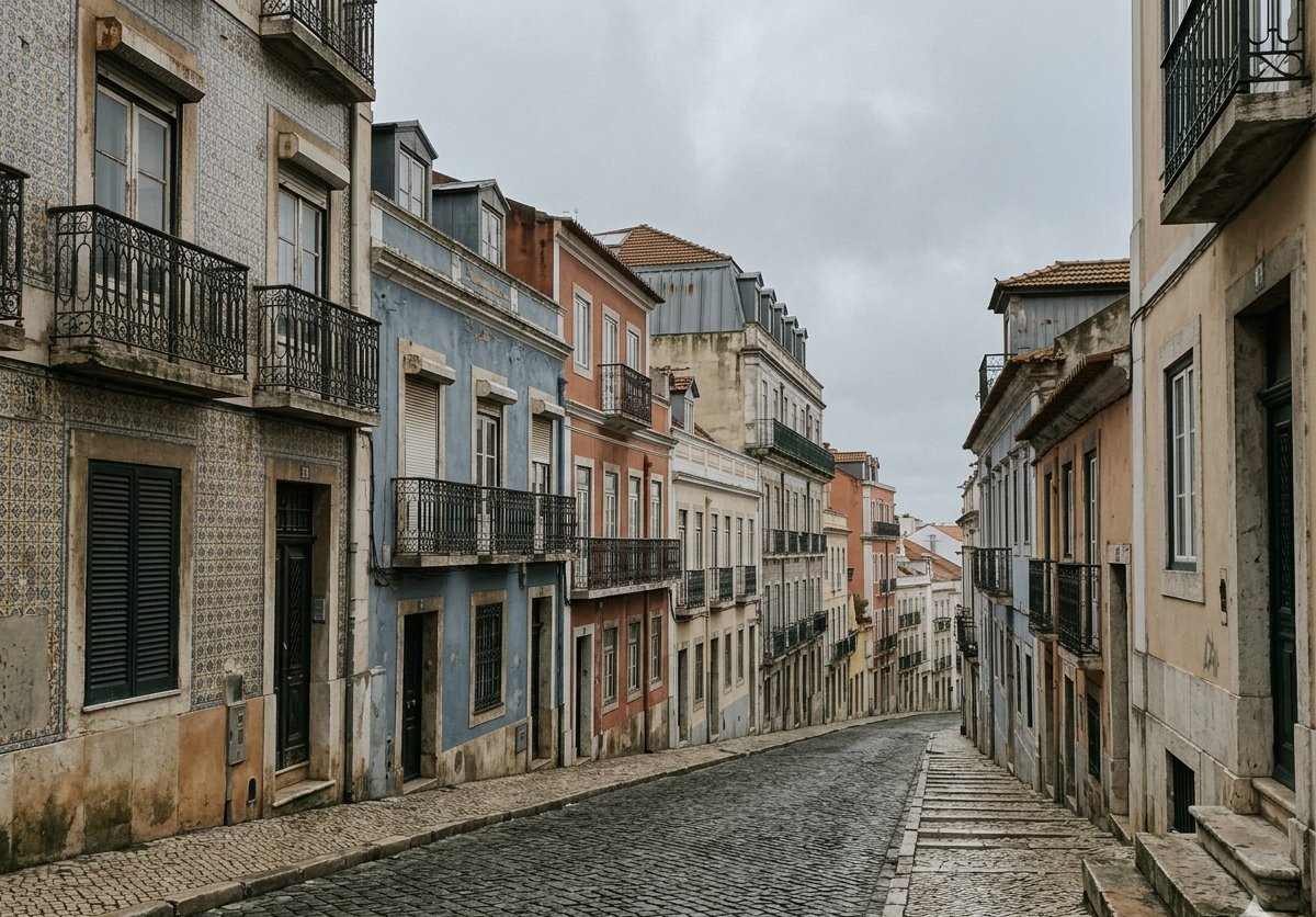 A Lisbon street, photographed on the wrong kind of day.